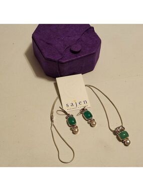 STUNNING SAJEN Chrysoprase and Pearl Silver Pendant and Earring Set BNIP 925